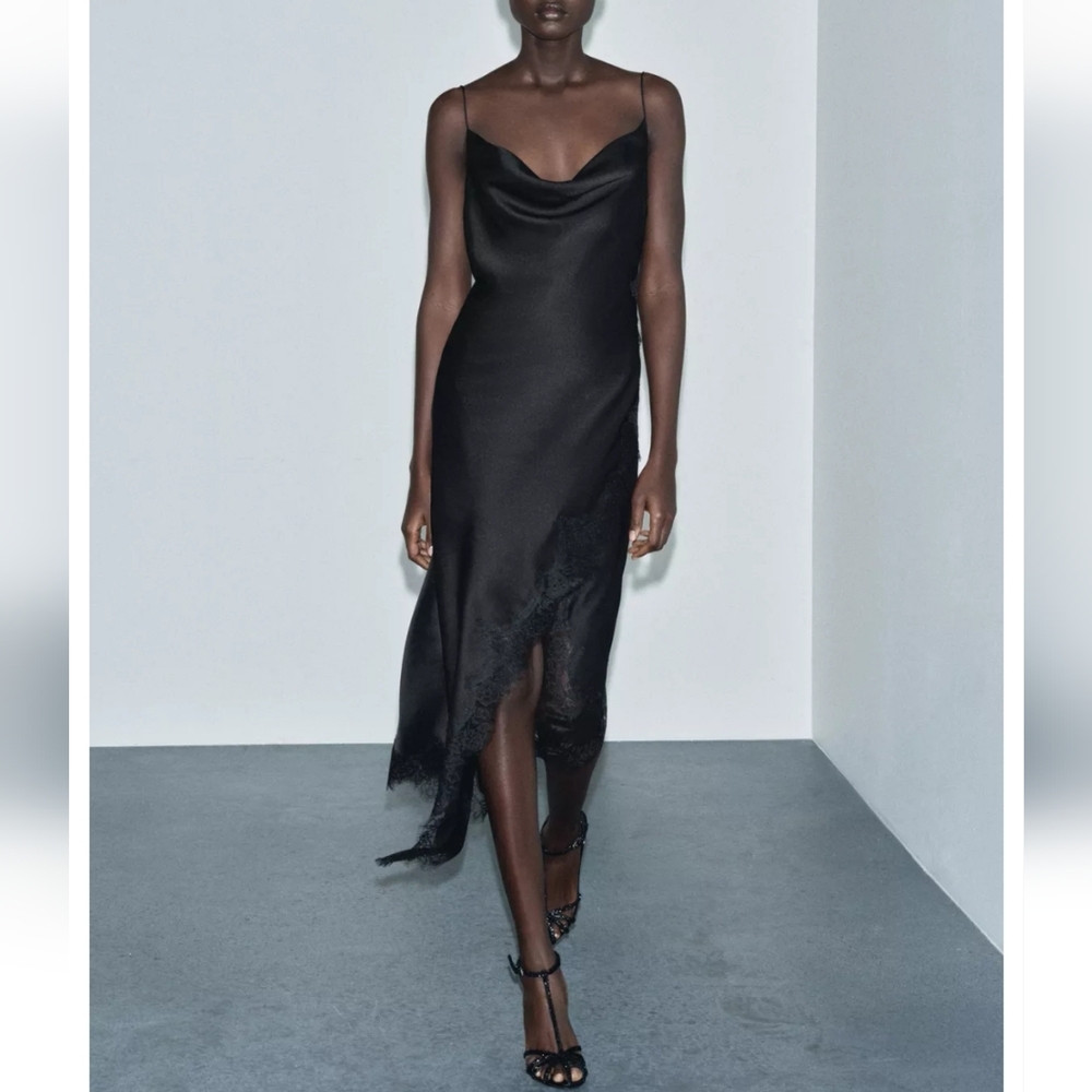 ZARA ASYMMETRIC LACE DRESS BLACK - Picture 2 of 12